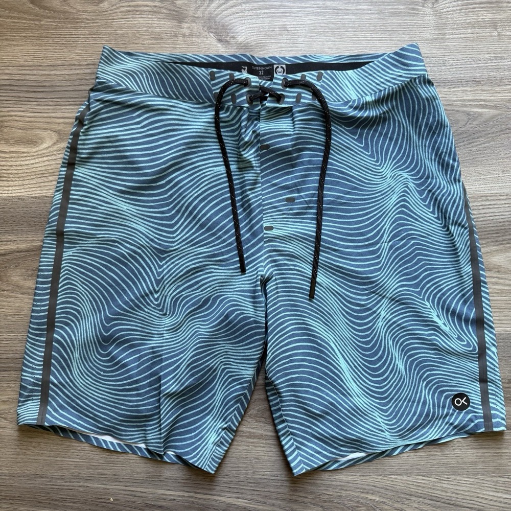 Outerknown Apex Board Shorts Mens‎ 32 Blue Wave Print Swim Trunks 9"